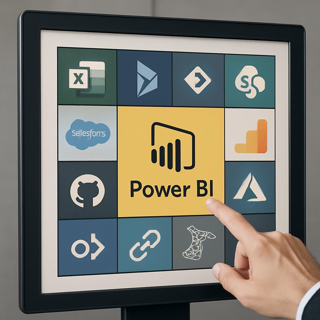 A hand in a suit jacket controlling a computer screen with a Power BI logo with various other dots in squares around the s...