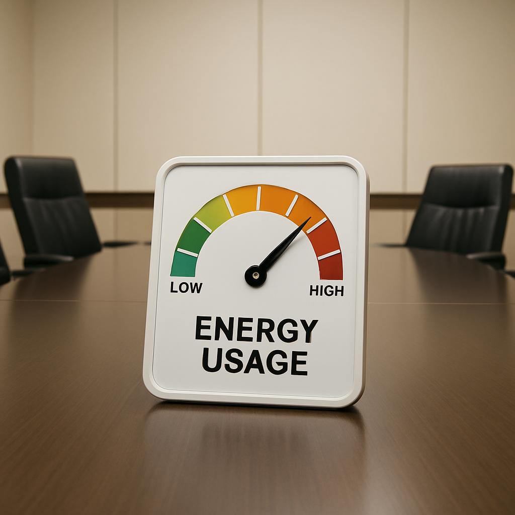 A gauge with a needle pointing in the middle of a high-low scale depicts picture indicating low usage, determining words u...