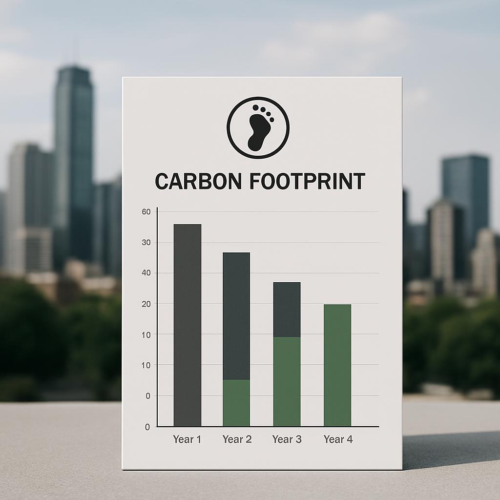 A bar graph illustrating "Carbon Footprint" over four years, spanning from year 1 to year 4. In year 1, the carbon footpri...