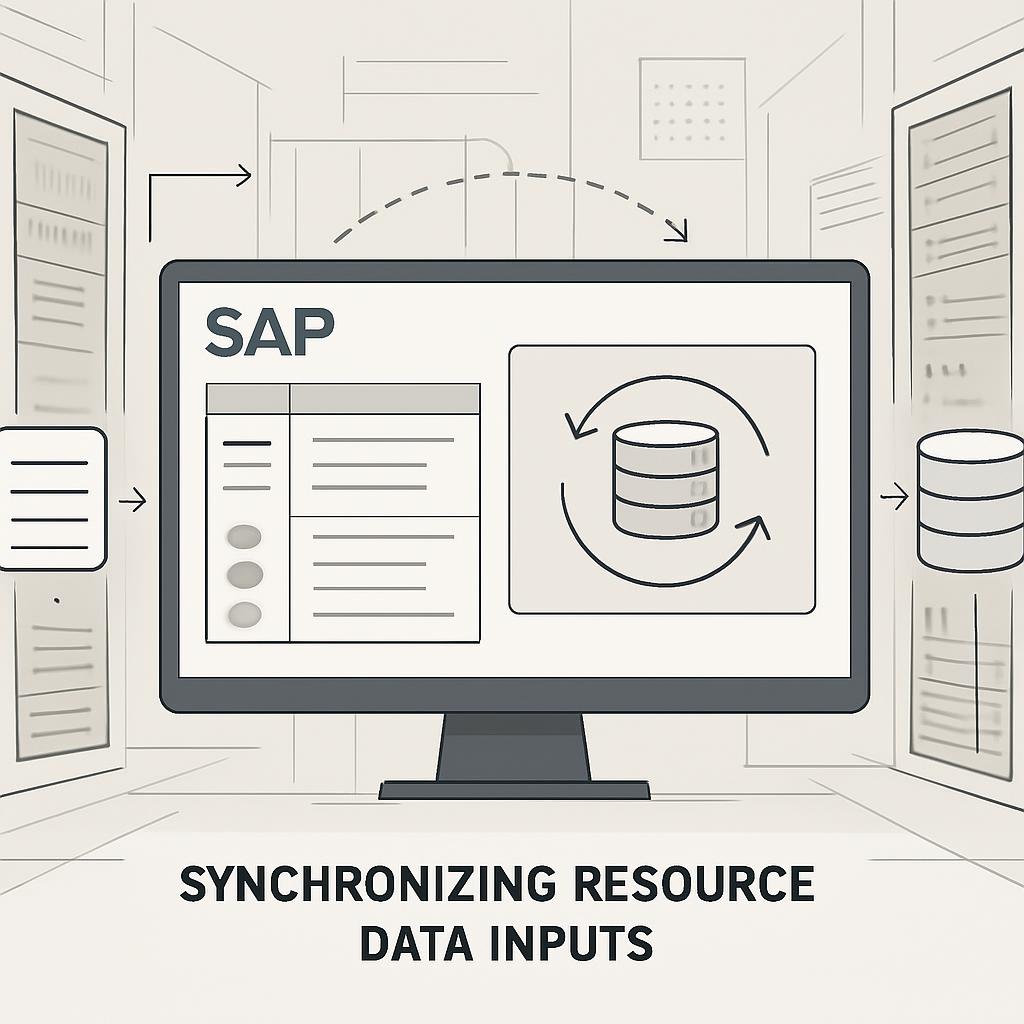 SAP: Synchronizing Resource Data Inputs illustration of a screen with a database and arrows indicating synchronization.